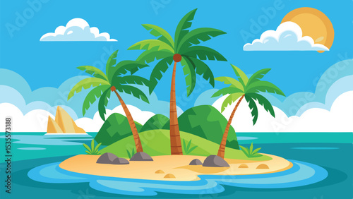 Cartoon Tropical Island with Palm Trees, Sandy Beach, Blue Sea, and Sunny Sky