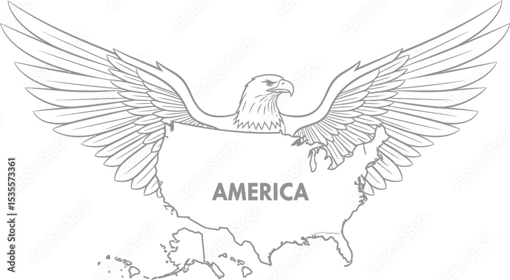 Obraz premium An outline of an eagle with wings spread above a map of america with the word america written on it