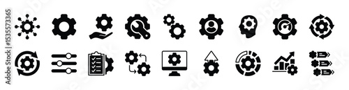 Gear setting and setup icon vector set. Contains configuration, option, operation, optimization, engineering, equalizer, customization, repair, cogwheel, maintenance, system, panel, update