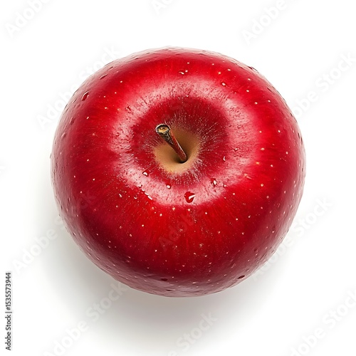 Overhead closeup of a vibrant red apple glistening with fresh water droplets