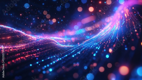 Abstract background with flowing neon light trails and bokeh effects. Modern glowing design with vibrant blue, pink, and orange colors for technology and science concepts.