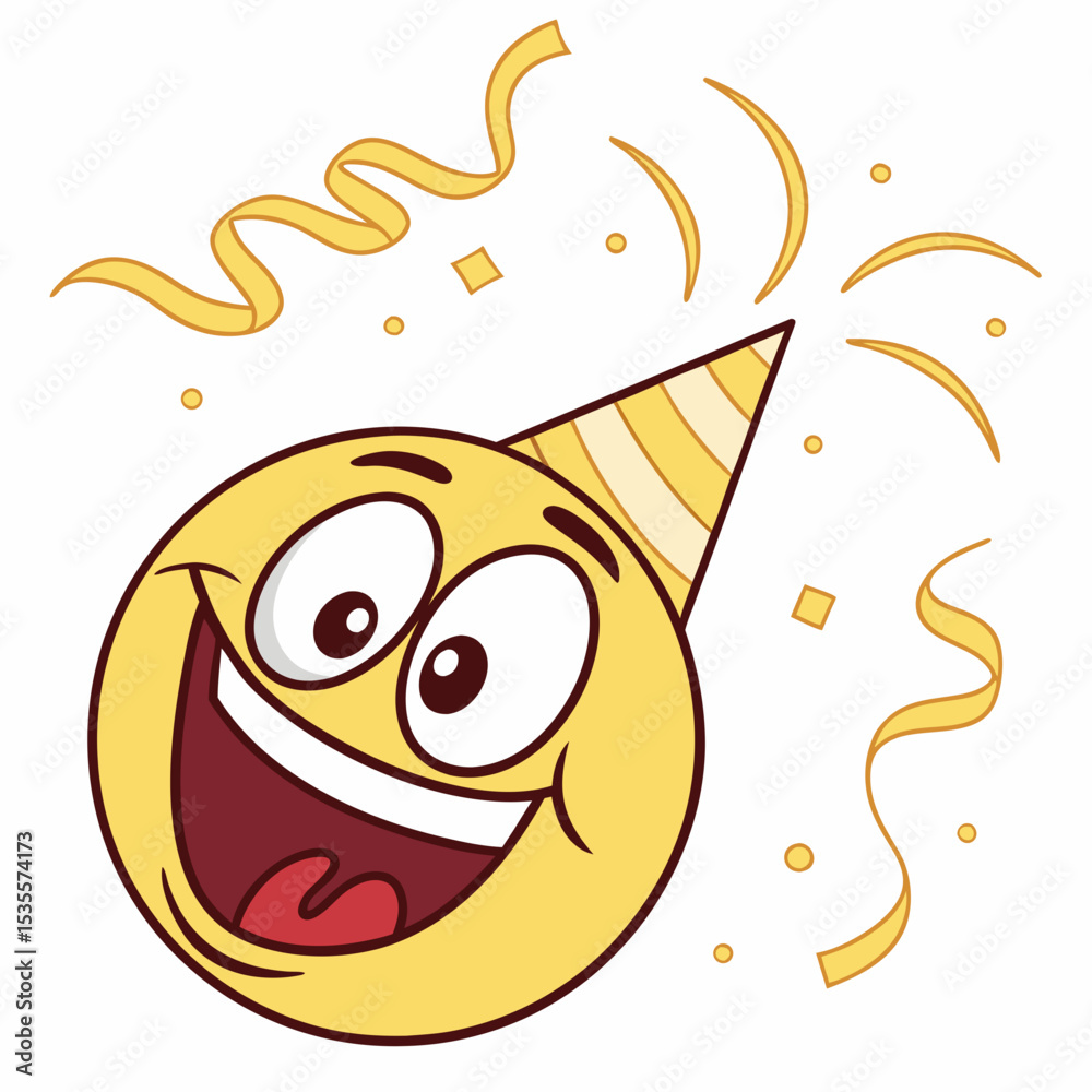 Obraz premium Excited emoji with golden party streamers