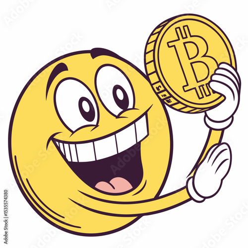 Grinning emoji with cryptocurrency coin (Bitcoin in hand)