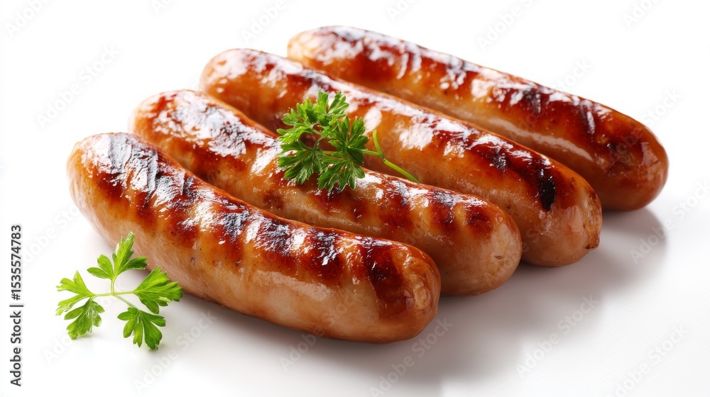 Grilled sausages on a white background. The brown, crispy texture highlights their deliciousness. Ideal for food photography and culinary creations. Great for recipes and restaurant menus. AI Grilled sausages on a white background. The brown, crispy texture highlights their deliciousness. Ideal for food photography and culinary creations. Great for recipes and restaurant menus. AI