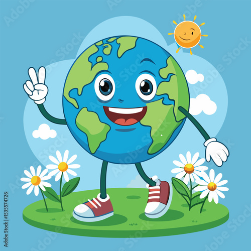 Cartoon Earth Character Giving Peace Sign in a Happy Environment