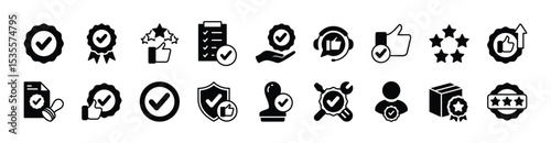 High quality icon vector set. Contains award badge, star, medal reward, thumb up, certification stamp label, medal, best product, value, approval, guarantee, rating, satisfaction. Illustration