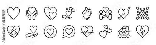 Love heart icon vector set. Contains care, handshake nubes, friendship, core, healthcare, heartbeat, broken heart, couple, button, romantic family, support, human relationships, doodle. Illustration