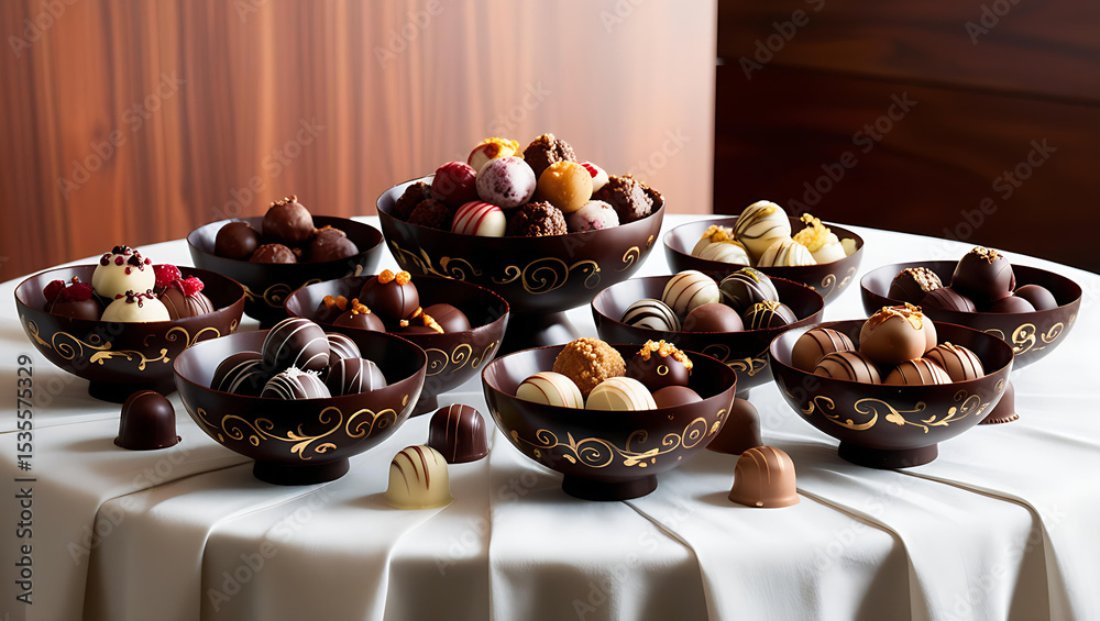 Fototapeta premium chocolate truffles nestled in glossy dark chocolate bowls, studio lighting.