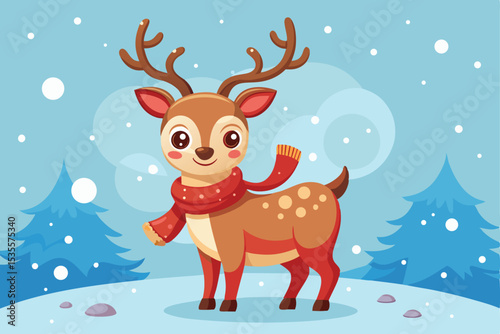 Cute Cartoon Reindeer with Scarf in Snowy Winter Landscape Illustration