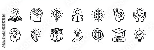 Knowledge cognition icon set. Contains innovation, smart thinking, learning, light bulb genius idea, creative, creativity, education book, achievement, brain, brainstorm, graduation. Vector