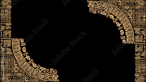 Design from symbols, letters, masks and pictures of the ancient Maya and Toltec civilization. 
The Mayan alphabet. Ancient signs of America on a black background.