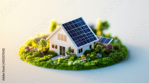 miniature house with solar panels on roof and lush green garden surrounded by trees and colorful flowers