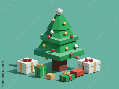 Low Poly Christmas Tree with Gifts on a Teal Background