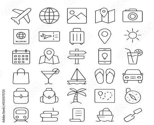 "Travel and Vacation Icon Set – Airplane, Map, Globe, Transportation, Tourist Symbols"