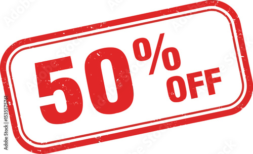 A red and white fifty percent off promotional stamp with a distressed texture on a white background