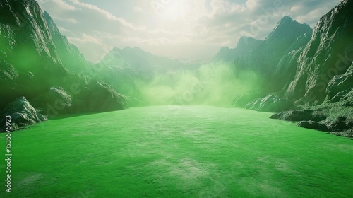 Eerie green lake surrounded by mountains, illuminated by hazy sunlight scenery