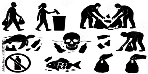 A set of black and white silhouette illustrations symbolizing environmental awareness, focusing on cleaning up plastic waste and spreading the message against pollution to protect wildlife and ocean