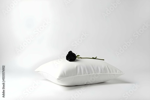 Soft white pillow with black rose on top against plain background  