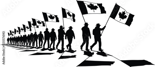 Silhouette of people marching with canadian flags in a row against a white background landscape view