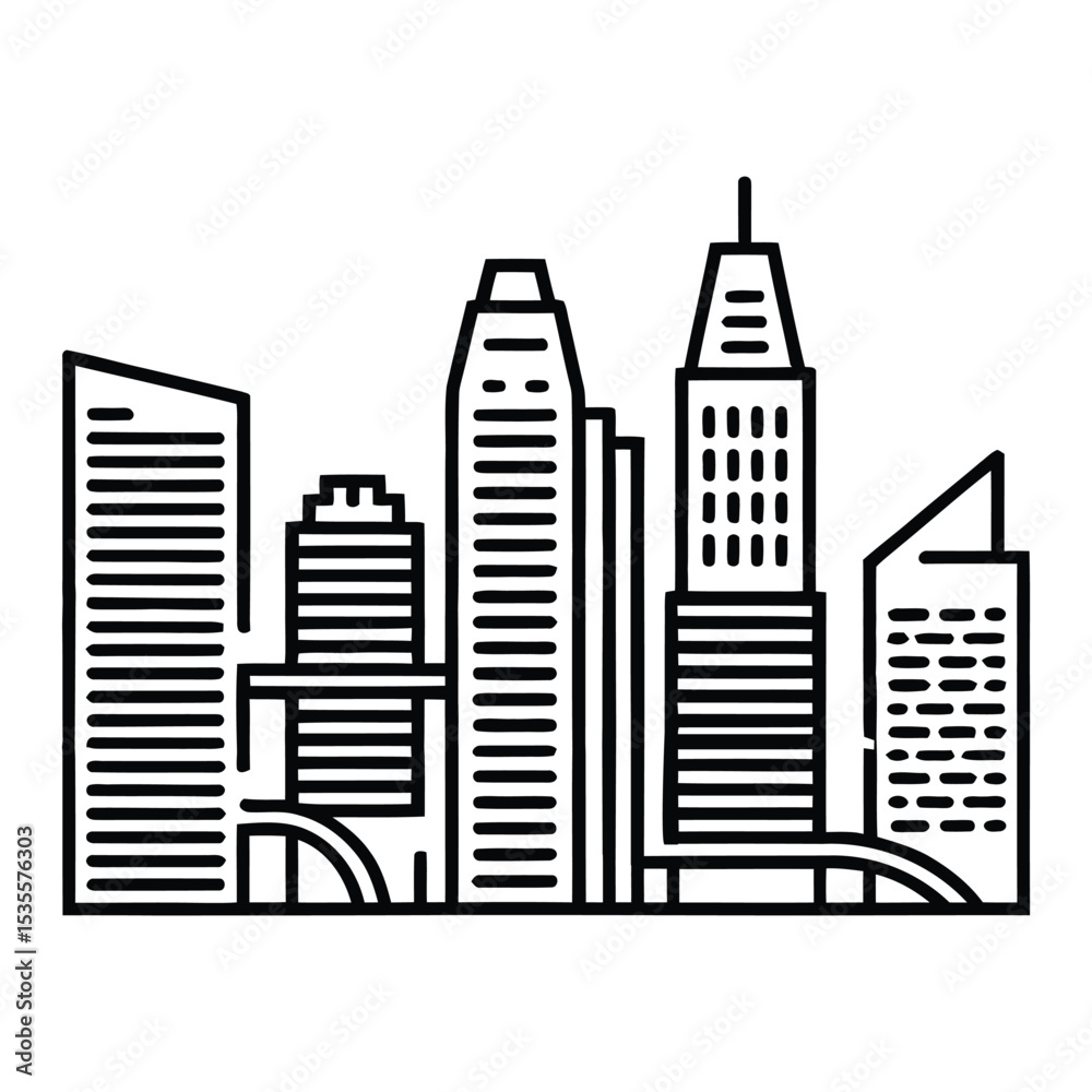 Fototapeta premium Singapore Business District Icon, Vector, Illustration, Icon, Outline, Line Art, Silhouette, Logo, White Background.