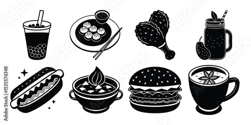 set of foods and drinks silhouette on white background