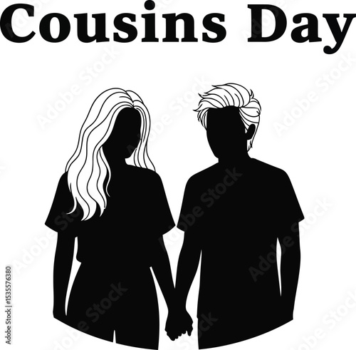 Black silhouettes of cousins holding hands under the words cousins day on a white background
