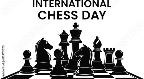 International chess day poster featuring chess pieces on a chessboard in black and white design style