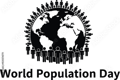 World population day illustration featuring earth surrounded by stick figure people in black and white
