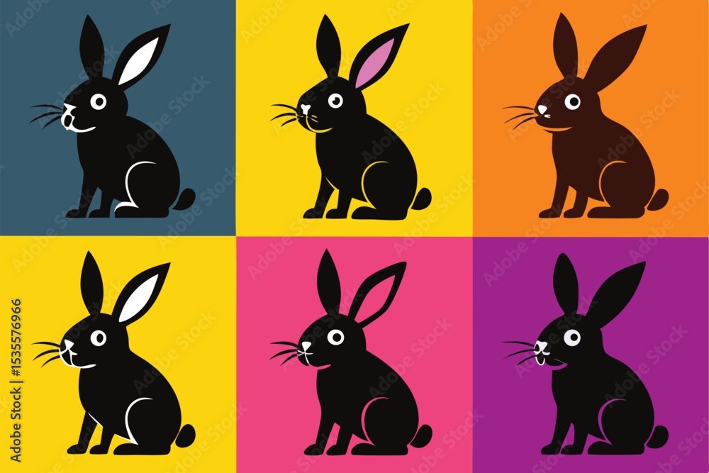 Fototapeta premium Colorful pop art style illustration of a black rabbit in a six panel arrangement