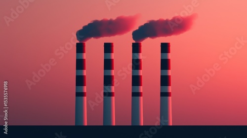 Four industrial smokestacks release thick smoke against a red sky, symbolizing pollution and environmental impact.