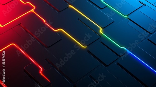 Abstract digital design featuring interconnected dark panels with glowing neon edges in red, yellow, green, and blue on a sleek black surface.