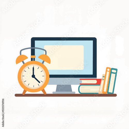 Colorful workstation with clock and books enhancing productivity