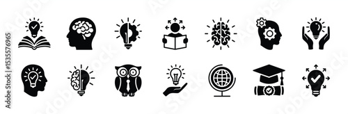 Knowledge cognition icon vector set. Contains innovation, smart thinking, learning, light bulb genius idea, creative, creativity, education book, achievement, brain, brainstorm, graduation. EPS 10