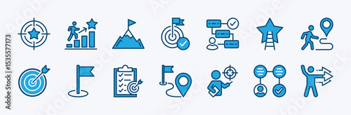 Set of action plan target and goal icon. Contains progress, achievement, strategy, mountain peak, step, workflow, objective route, checklist task, guidance, direction, success. Vector illustration