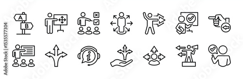 Guidance and direction icon sign set. Contains choice arrow, guide, way, traffic, road, street, signpost, guidepost, advice, information, navigation, pathway, Instruction, coaching vector illustration