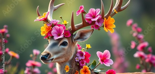 Elegant deer adorned with vibrant, blooming flowers, artwork, blossom photo