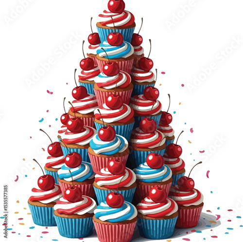 A pyramid of cupcakes with red and blue frosting and cherries on top on a white background with confetti
