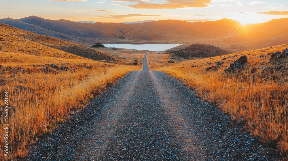 Naklejka premium Golden sunset over a mountain road. A gravel road stretches into the distance, leading to a tranquil lake, bathed in warm golden light. Rolling hills covered in autumnal grasses surround the scene