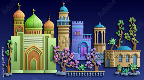 Colorful paper cut style vector illustration of an oriental city with domes, towers, and minarets. Perfect for Arabian, Islamic, and fairytale themed designs