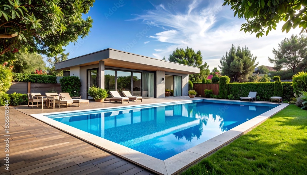 Fototapeta premium A modern house with a flat roof and large windows, surrounded by a well -groomed garden and azure basin.
