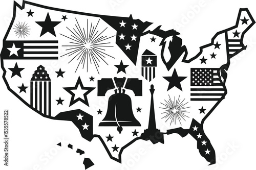 A black and white graphic of the united states map filled with patriotic symbols and icons design