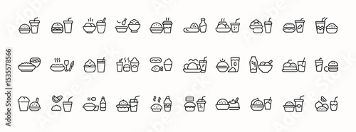 Fast Food Icons Collection – Line Style Set of Burgers, Drinks, Fries, and Snacks