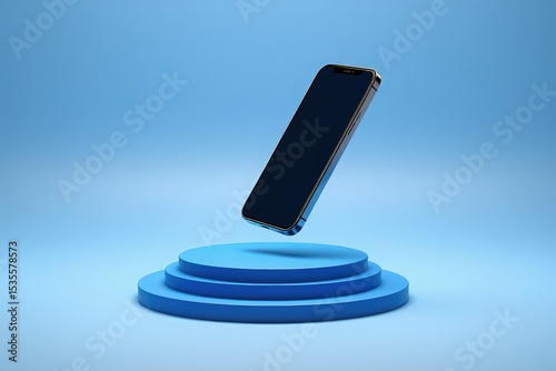 Modern Smartphone Floating Above a Blue Three Tiered Pedestal on Light Blue Background