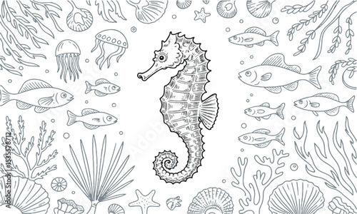  Vector illustration inspired by a detailed hand-drawn marine life collection, seaweed, seashells, tropical fish, seahorses, sea stars, jellyfish, octopus, and marine plants, easily editable.