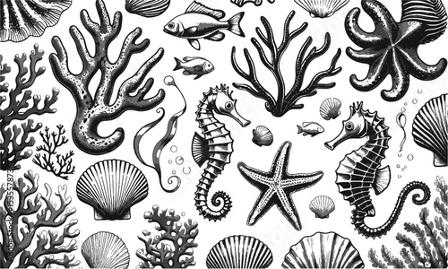  Vector illustration inspired by a detailed hand-drawn marine life collection, seaweed, seashells, tropical fish, seahorses, sea stars, jellyfish, octopus, and marine plants, easily editable.