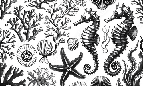  Vector illustration inspired by a detailed hand-drawn marine life collection, seaweed, seashells, tropical fish, seahorses, sea stars, jellyfish, octopus, and marine plants, easily editable.