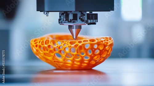 An innovative scene with a bright orange 3D printing model in the form of a basket with holes created using a modern printer. A clean workspace with soft lighting emphasizes high technologies