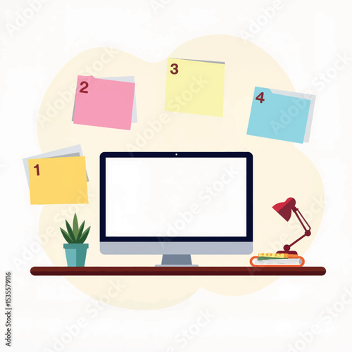 Organized workspace with task cards and computer, enhancing productivity