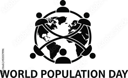 A black and white graphic depicting world population day with a globe and people surrounding it
