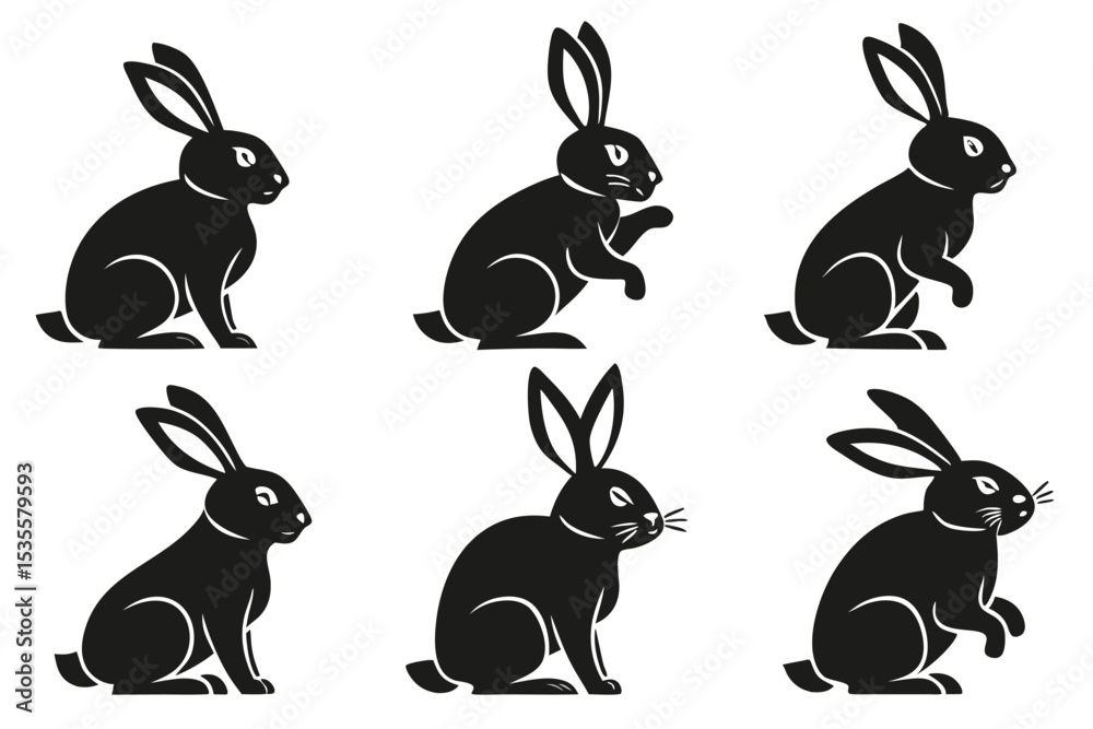 Fototapeta premium Six black rabbits in various poses on white background isolated design elements